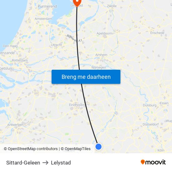 Sittard-Geleen to Lelystad map