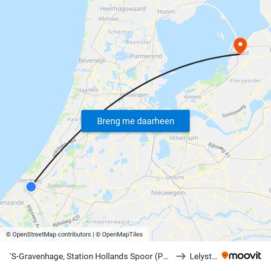 'S-Gravenhage, Station Hollands Spoor (Perron A) to Lelystad map