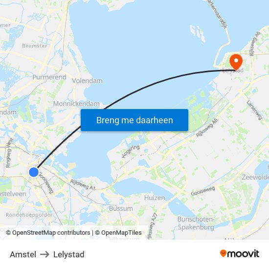 Amstel to Lelystad map