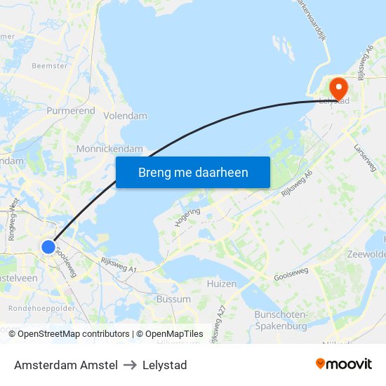 Amsterdam Amstel to Lelystad map