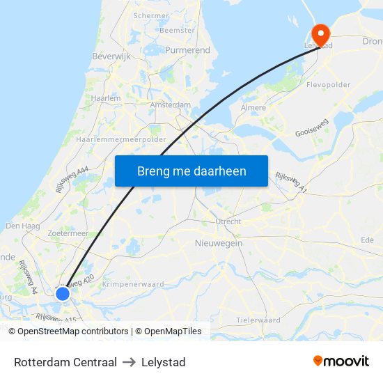Rotterdam Centraal to Lelystad map