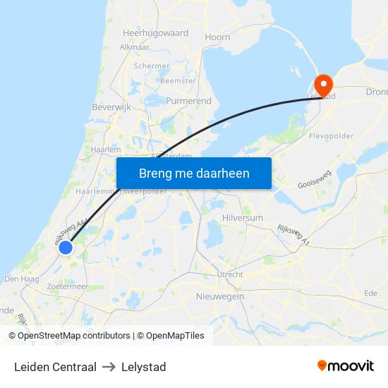 Leiden Centraal to Lelystad map