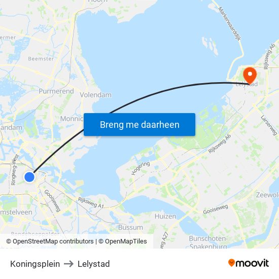 Koningsplein to Lelystad map