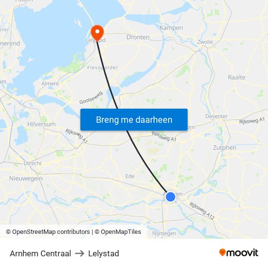 Arnhem Centraal to Lelystad map