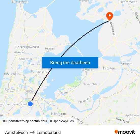 Amstelveen to Lemsterland map