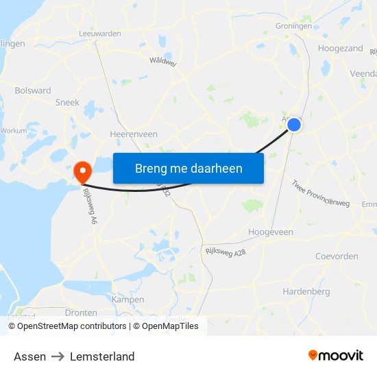 Assen to Lemsterland map