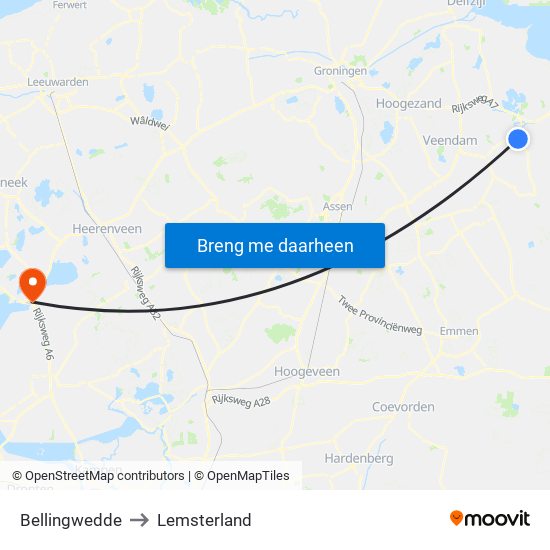 Bellingwedde to Lemsterland map