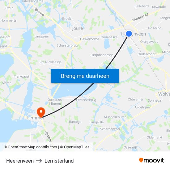 Heerenveen to Lemsterland map