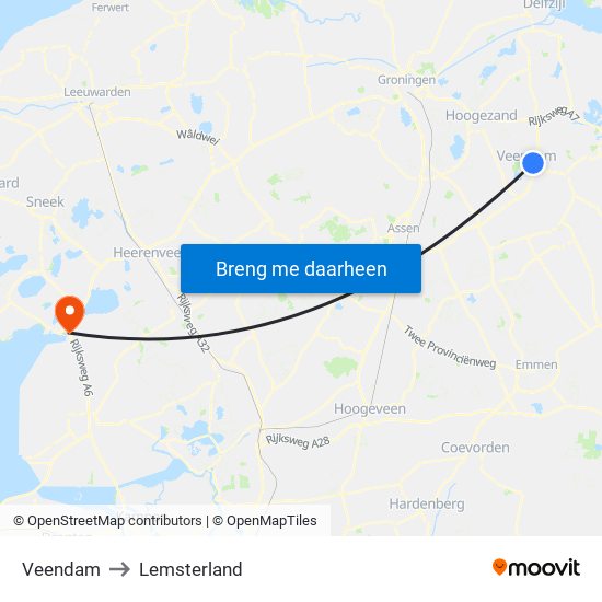 Veendam to Lemsterland map