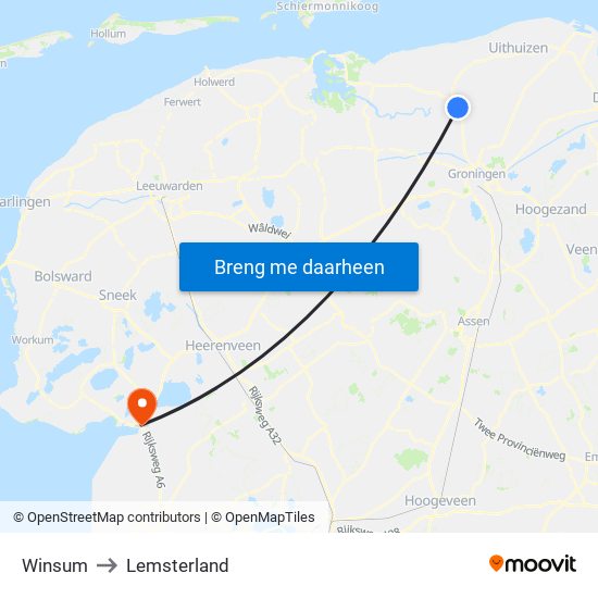 Winsum to Lemsterland map