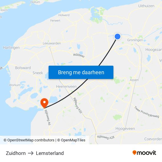 Zuidhorn to Lemsterland map