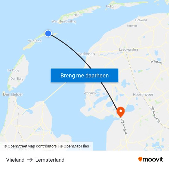 Vlieland to Lemsterland map