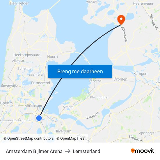 Amsterdam Bijlmer Arena to Lemsterland map