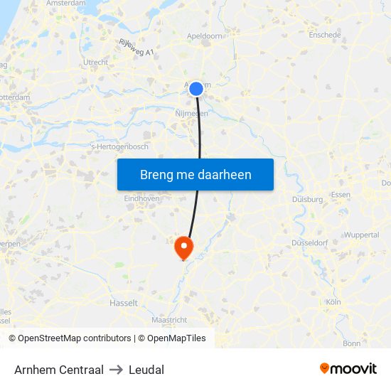 Arnhem Centraal to Leudal map