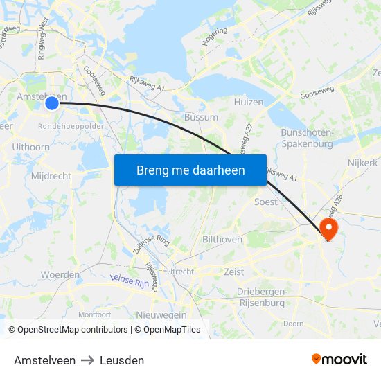 Amstelveen to Leusden map