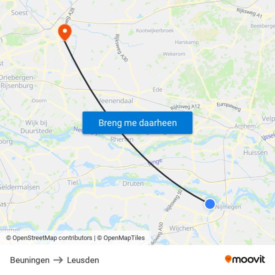 Beuningen to Leusden map