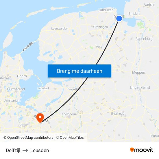 Delfzijl to Leusden map
