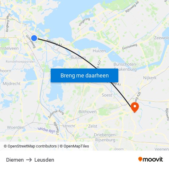 Diemen to Leusden map