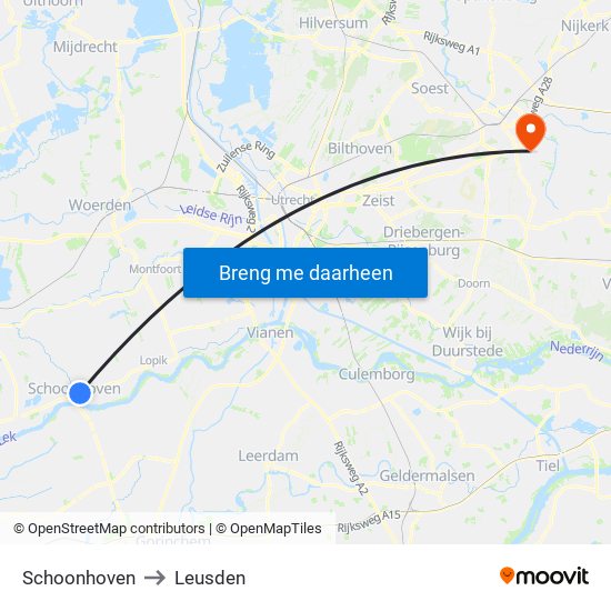 Schoonhoven to Leusden map