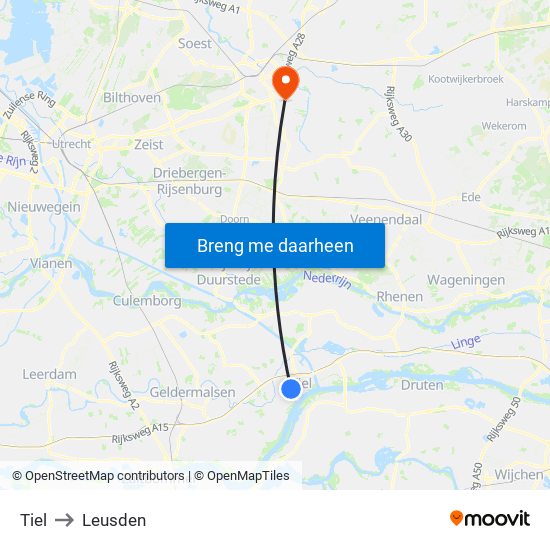 Tiel to Leusden map