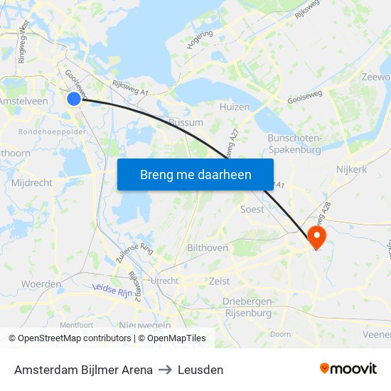 Amsterdam Bijlmer Arena to Leusden map