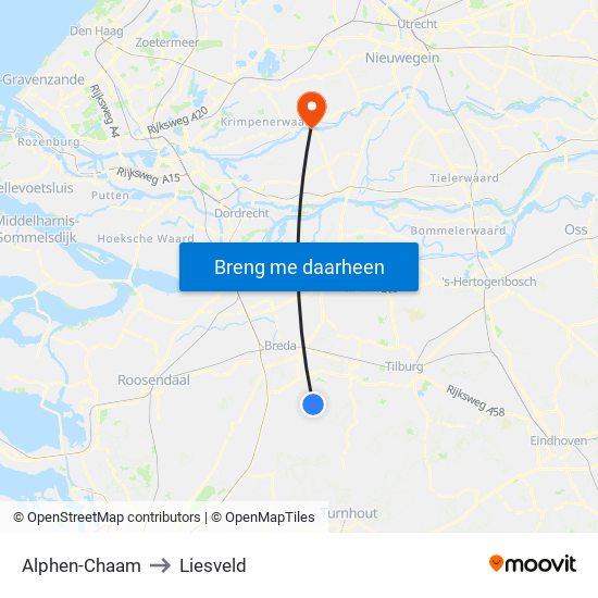 Alphen-Chaam to Liesveld map