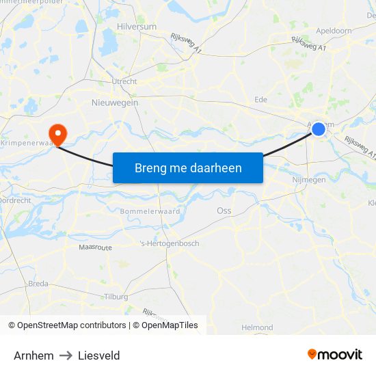 Arnhem to Liesveld map