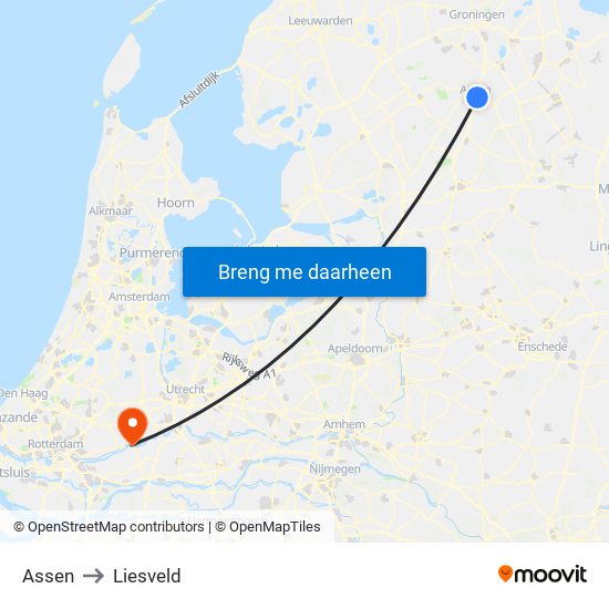 Assen to Liesveld map