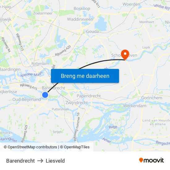 Barendrecht to Liesveld map