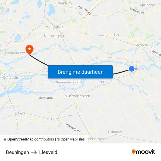 Beuningen to Liesveld map