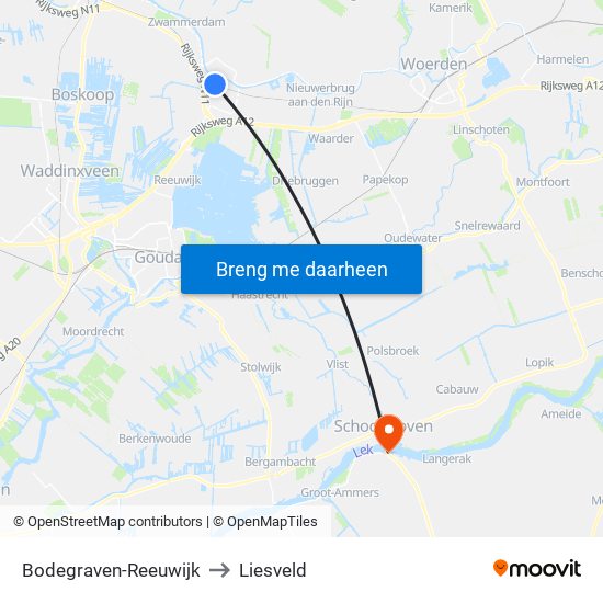 Bodegraven-Reeuwijk to Liesveld map