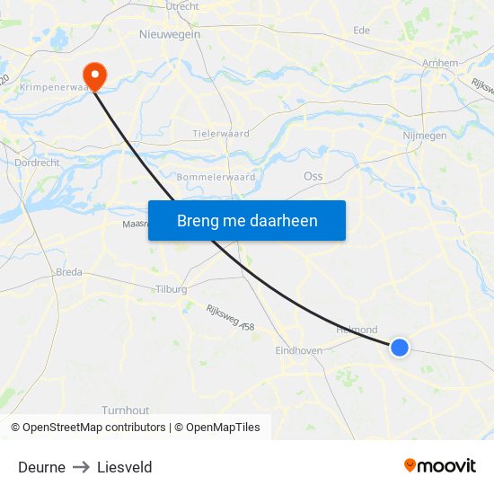 Deurne to Liesveld map