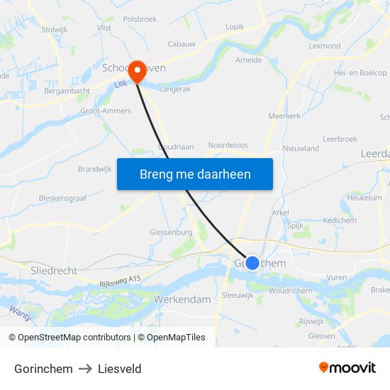 Gorinchem to Liesveld map