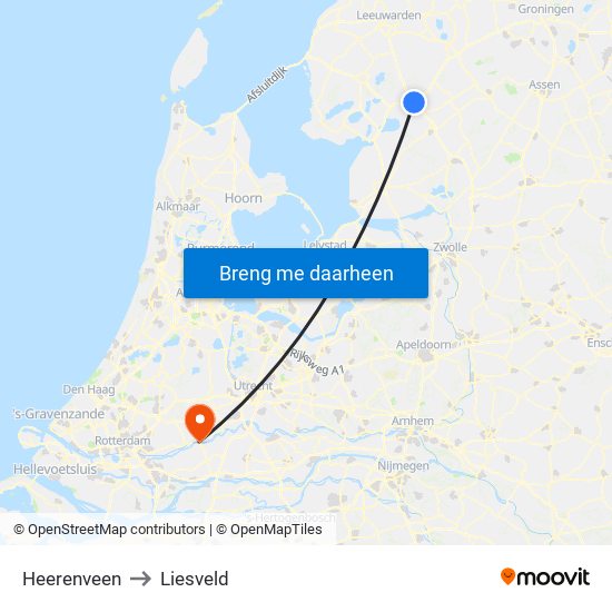 Heerenveen to Liesveld map