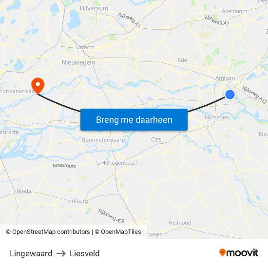 Lingewaard to Liesveld map