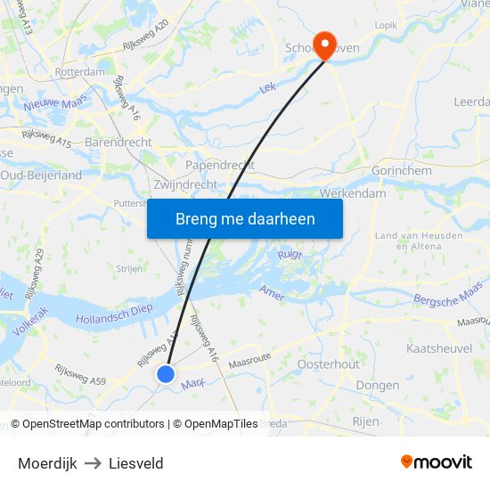 Moerdijk to Liesveld map