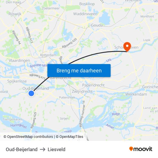 Oud-Beijerland to Liesveld map