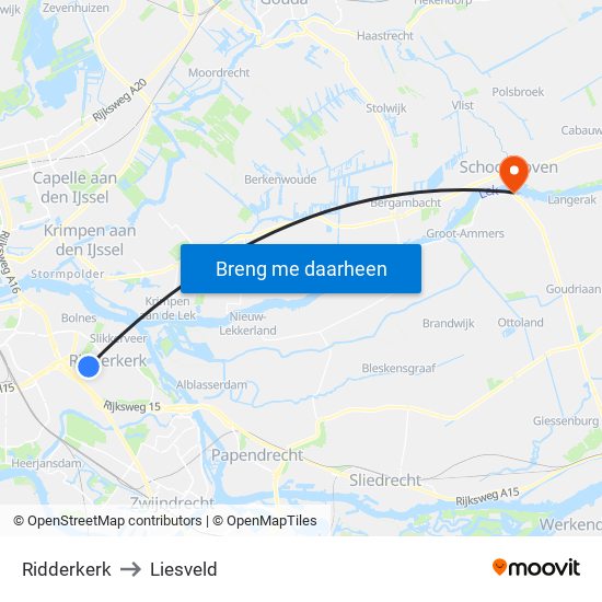 Ridderkerk to Liesveld map