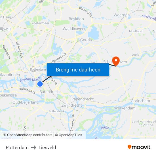 Rotterdam to Liesveld map