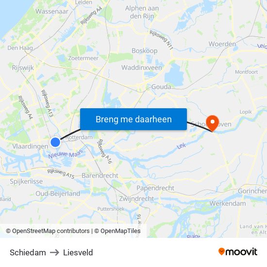 Schiedam to Liesveld map