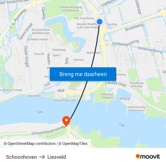 Schoonhoven to Liesveld map
