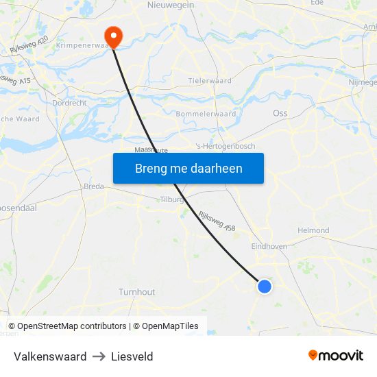 Valkenswaard to Liesveld map