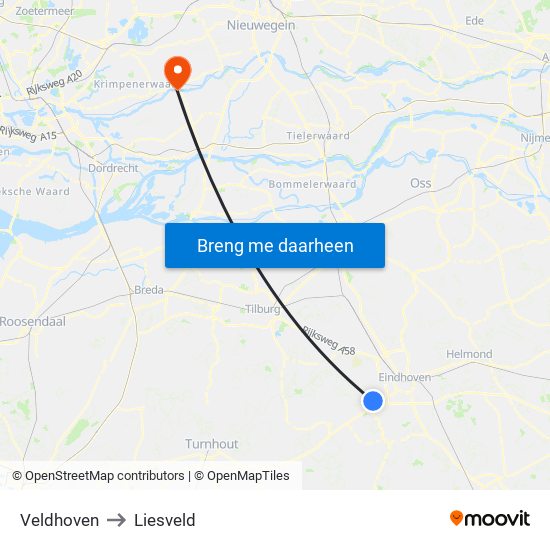 Veldhoven to Liesveld map