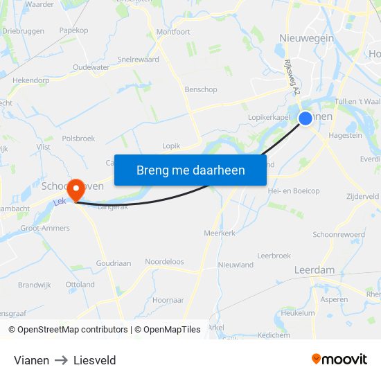 Vianen to Liesveld map