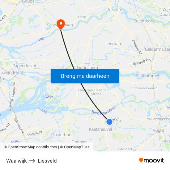 Waalwijk to Liesveld map