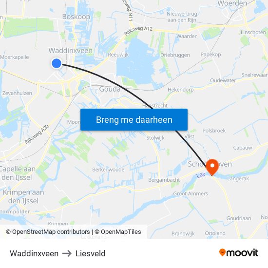 Waddinxveen to Liesveld map