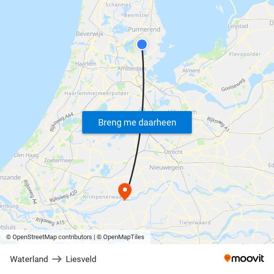 Waterland to Liesveld map