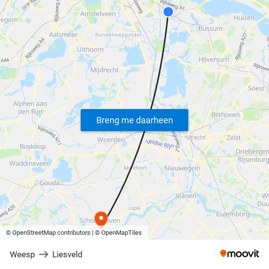 Weesp to Liesveld map