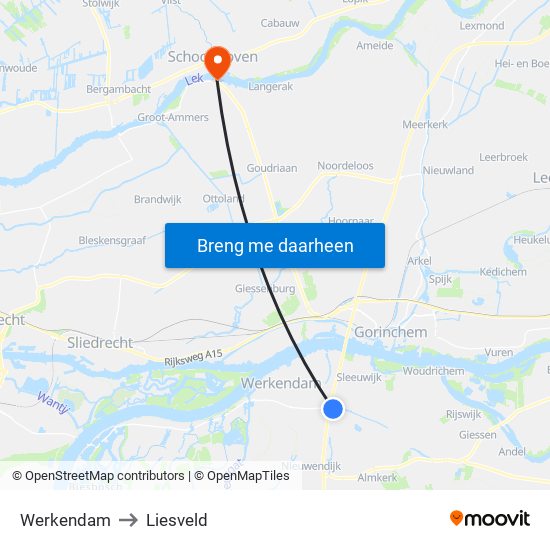 Werkendam to Liesveld map