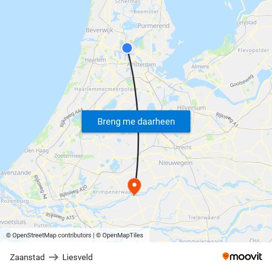 Zaanstad to Liesveld map